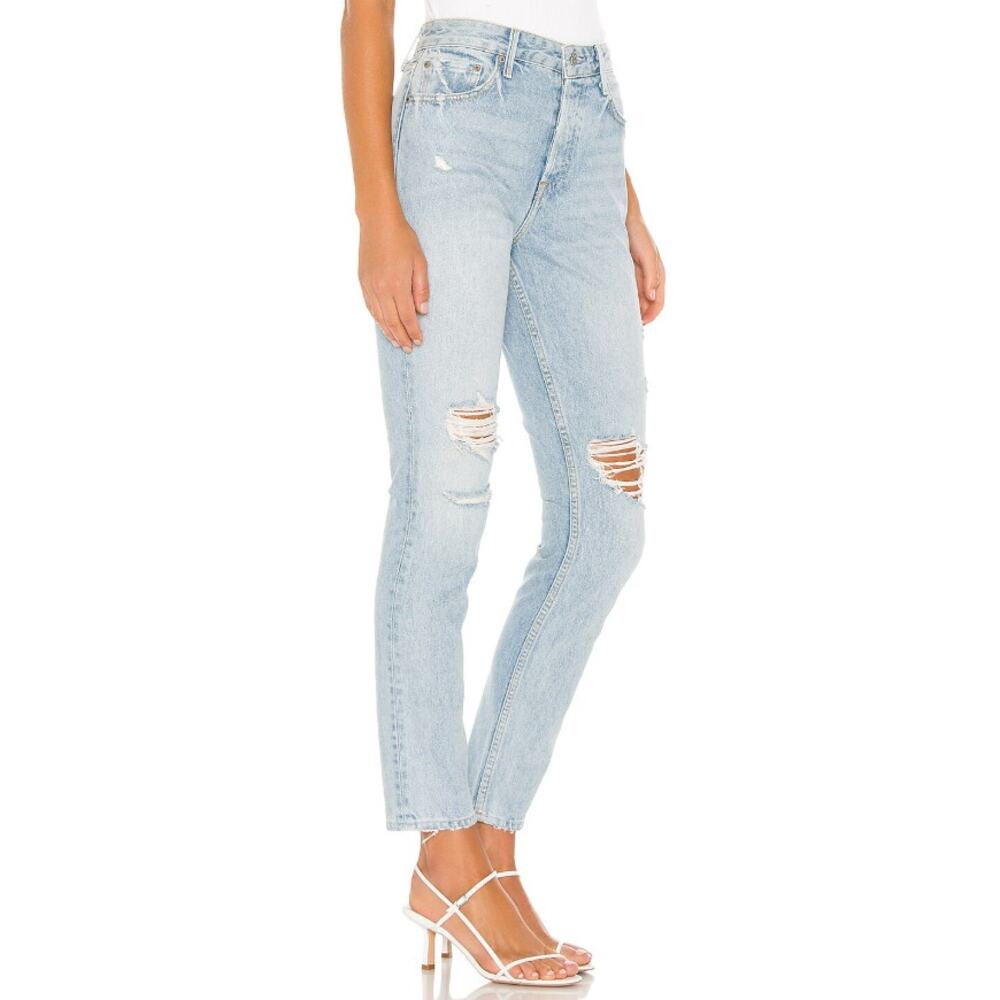 new GRLFRND Denim light wash distressed slim tapered Karolina jeans Don't Speak - Picture 3 of 11